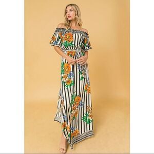 Flying tomato Stripe Floral Off Shoulder Maxi Dress